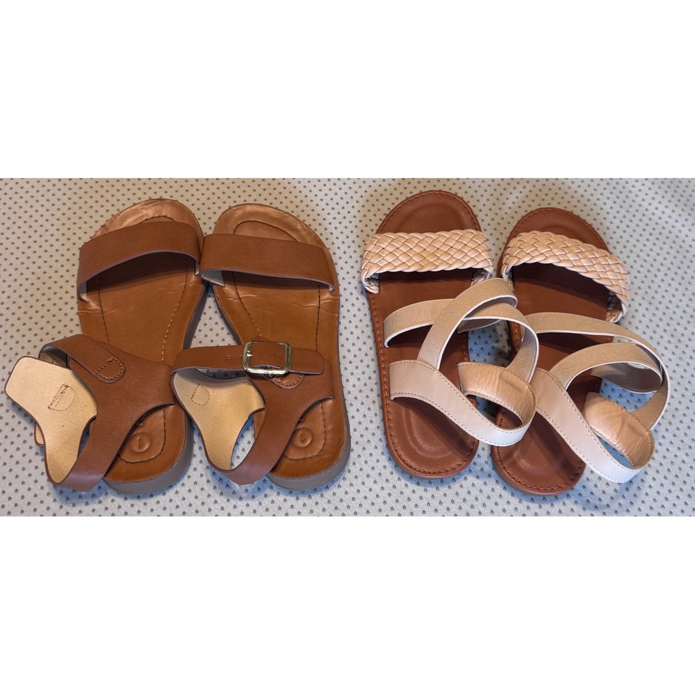 Girls Sandals Bundle Brown Buckle Strappy & Tan Braided Elastic Size 1 / 34